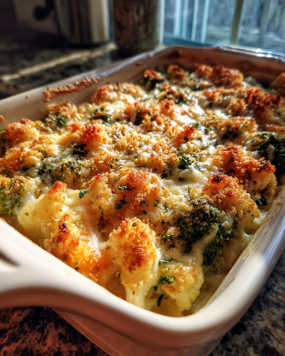 A close-up of a bubbly Cheesy Broccoli & Cauliflower Casserole, topped with golden breadcrumbs and fresh herbs.