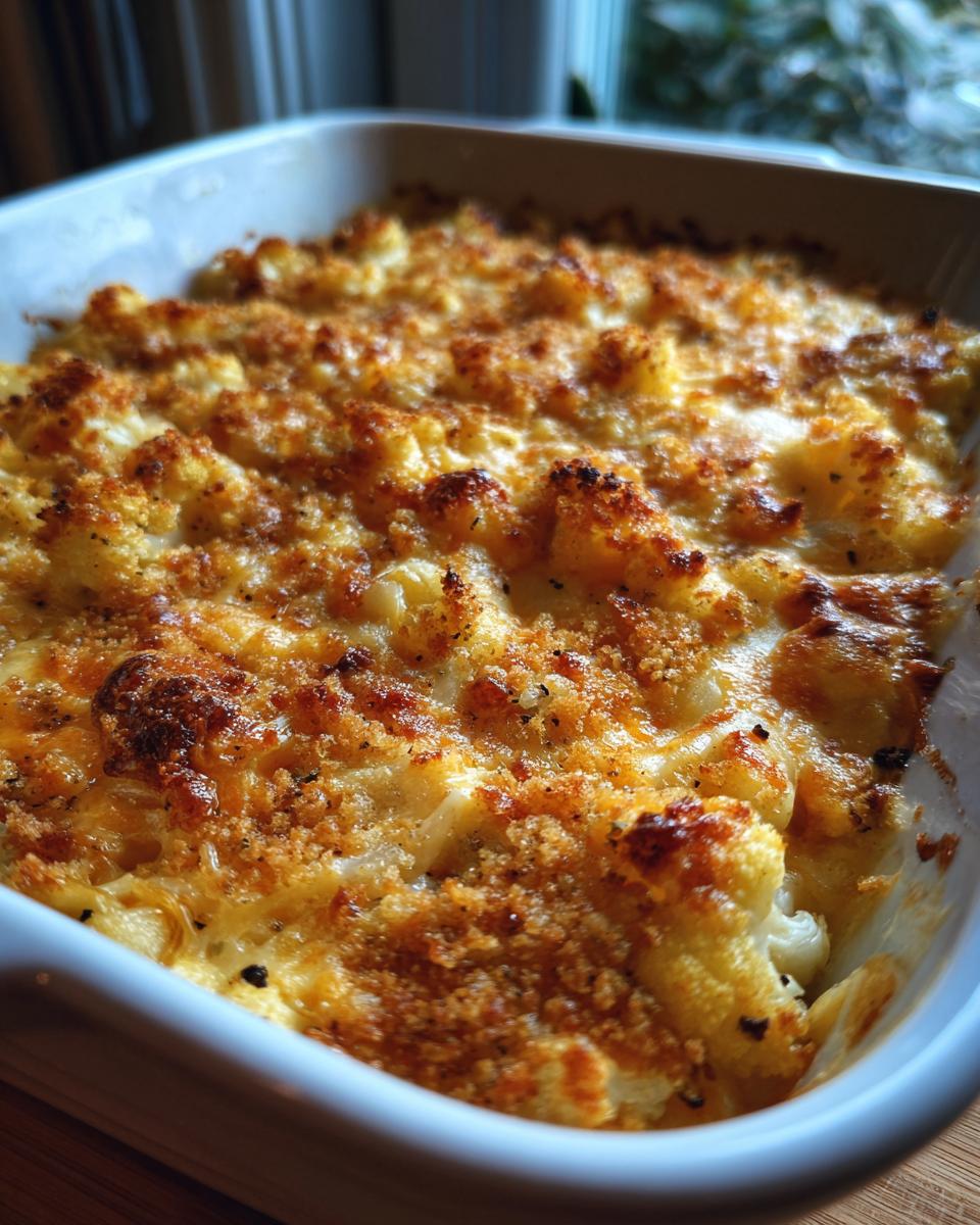 Close-up of a baked Cheesy Broccoli & Cauliflower Casserole with a golden-brown breadcrumb topping.