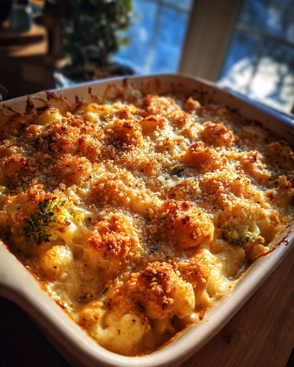 Close-up of a Cheesy Broccoli & Cauliflower Casserole with a golden breadcrumb topping, fresh from the oven.