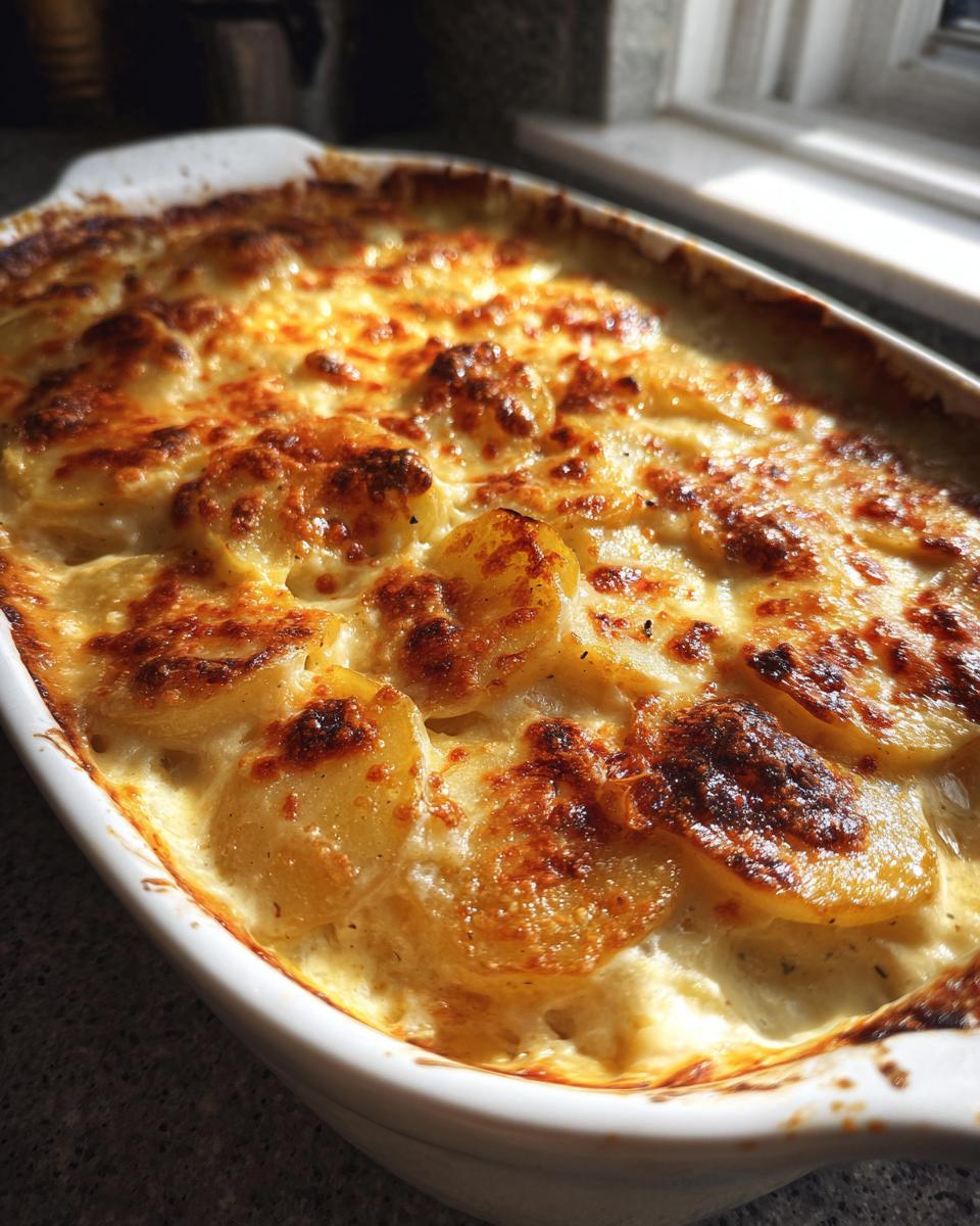A close-up of golden-brown Cheesy Scalloped Potatoes with Creamy Sauce in a white baking dish.
