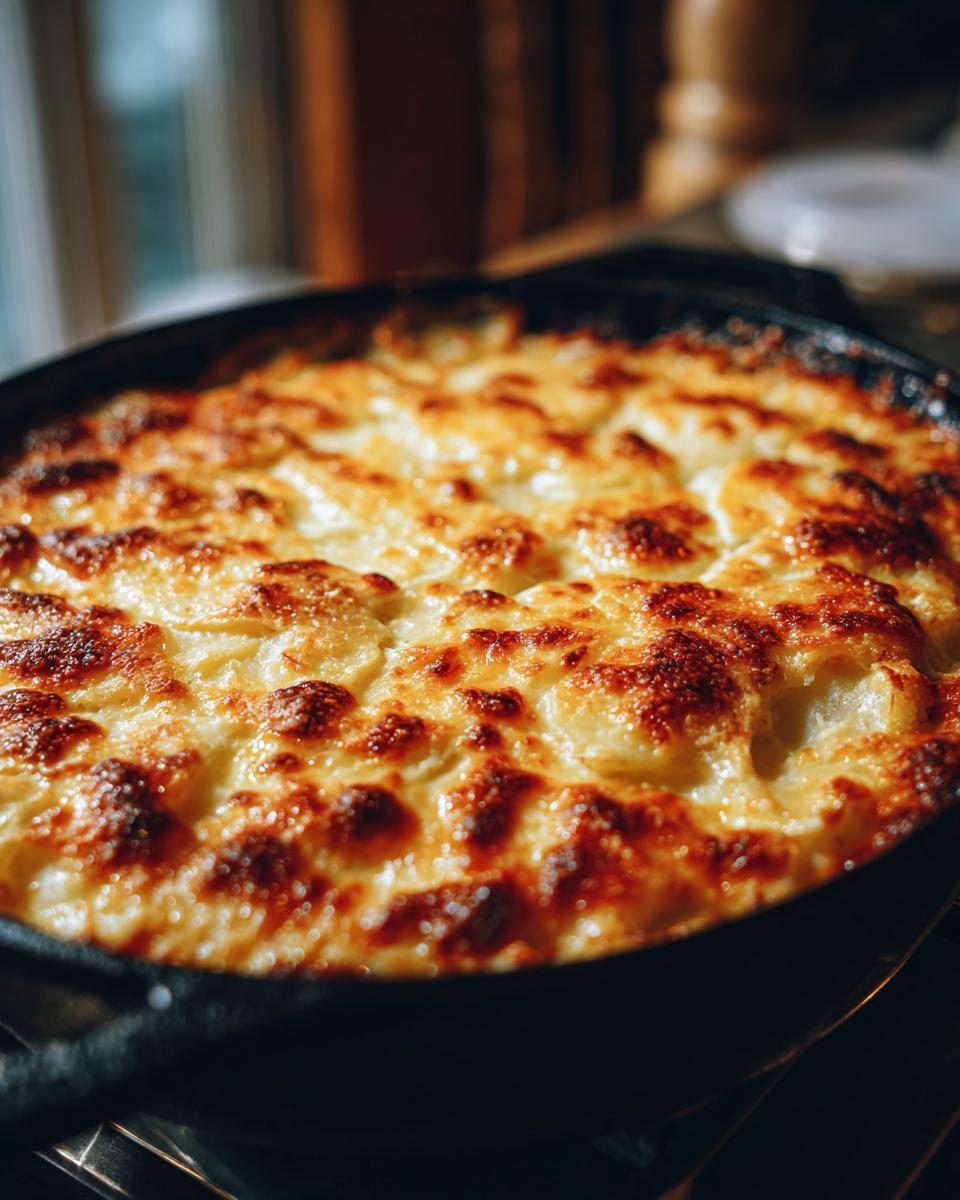 Close-up of golden-brown baked cheesy scalloped potatoes with creamy sauce in a cast-iron skillet.