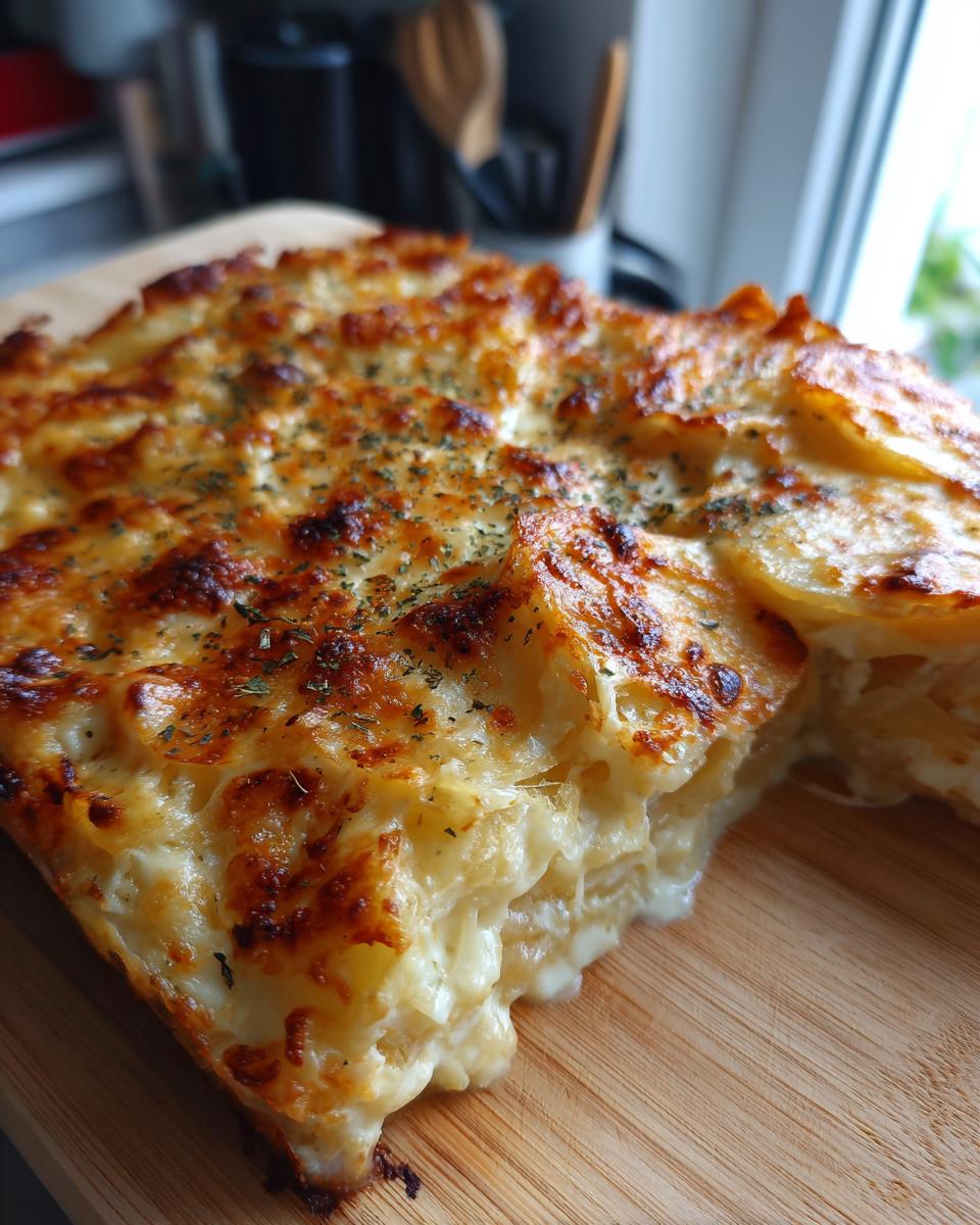 A close-up of cheesy scalloped potatoes with a creamy sauce, baked to golden perfection and sprinkled with herbs.