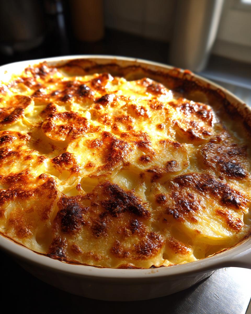 Close-up of golden-brown Cheesy Scalloped Potatoes with Creamy Sauce in a baking dish.