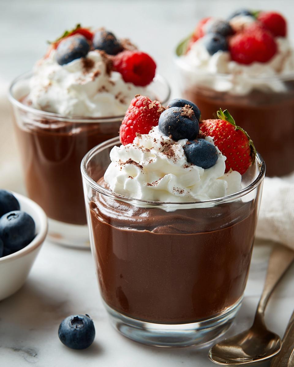 Close-up of rich Chocolate Mousse Cups topped with whipped cream, fresh berries, and a dusting of cocoa.
