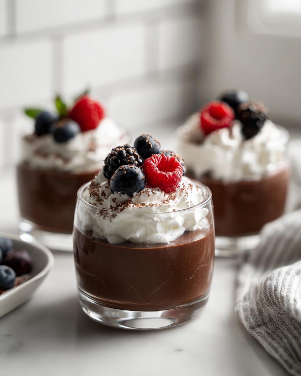 Close-up of rich Chocolate Mousse Cups topped with whipped cream, fresh berries, and chocolate shavings.