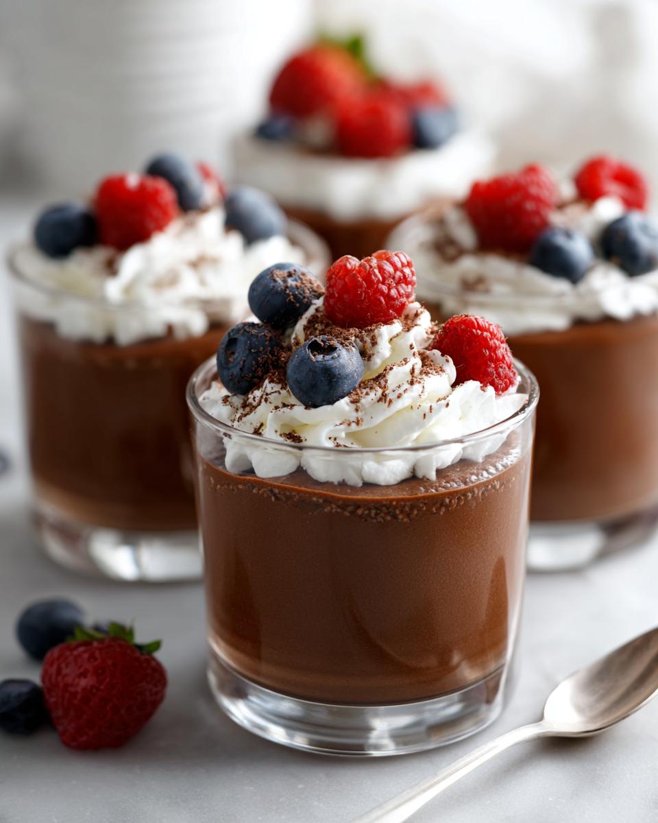 Close-up of rich Chocolate Mousse Cups topped with whipped cream, fresh berries, and chocolate shavings.