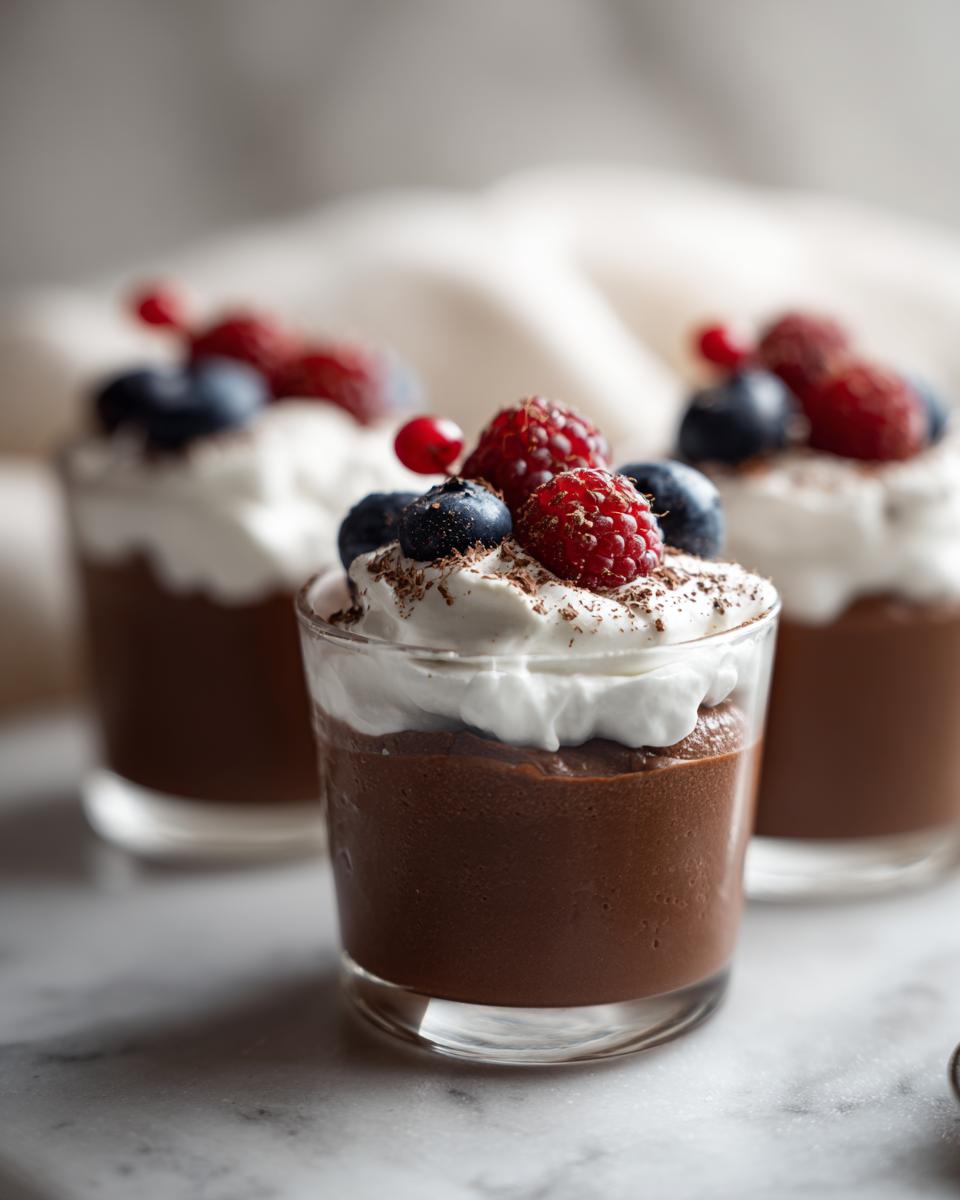 Three glasses of rich Chocolate Mousse Cups topped with whipped cream, fresh berries, and chocolate shavings.