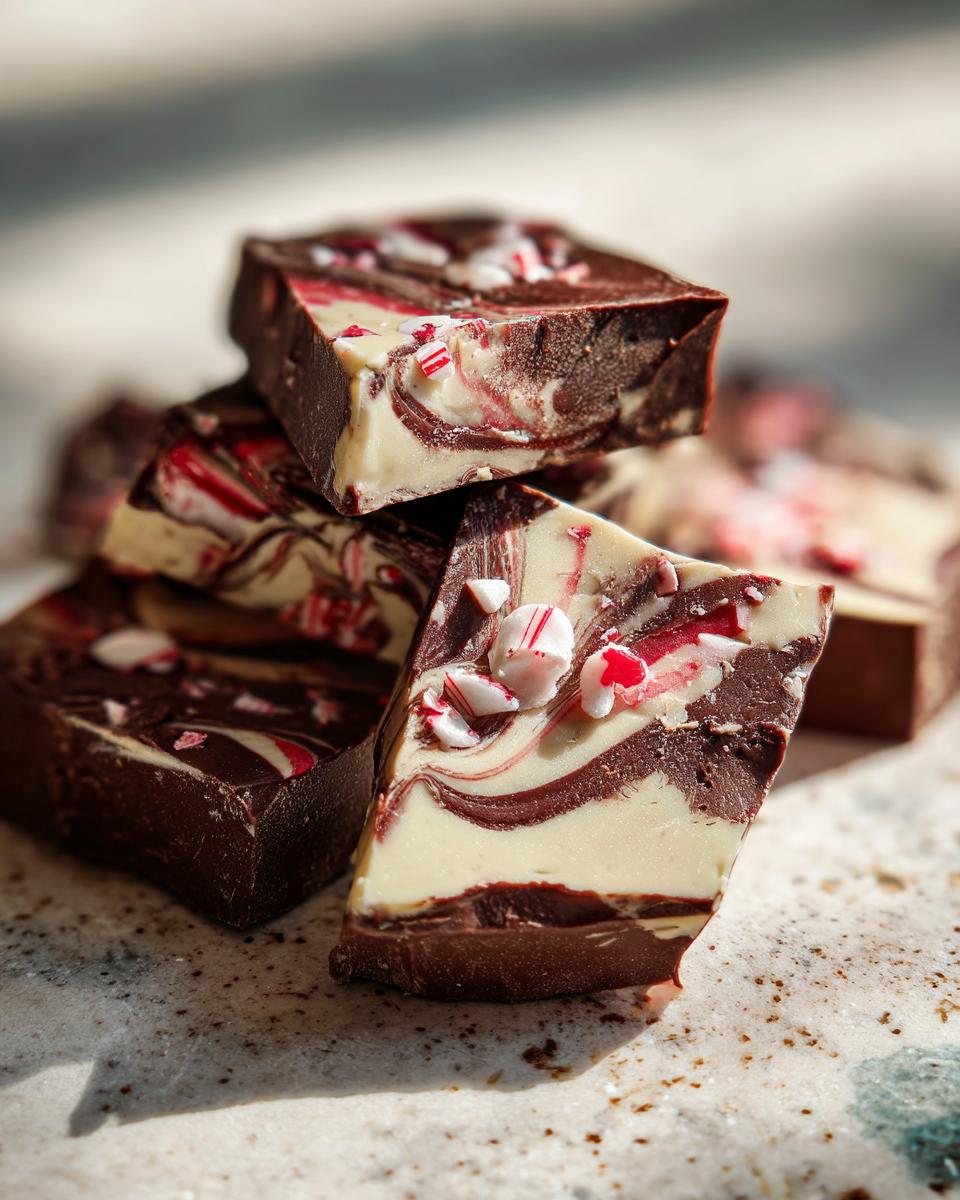 Close-up of stacked Chocolate Peppermint Bark squares with swirls of white chocolate and crushed candy canes.