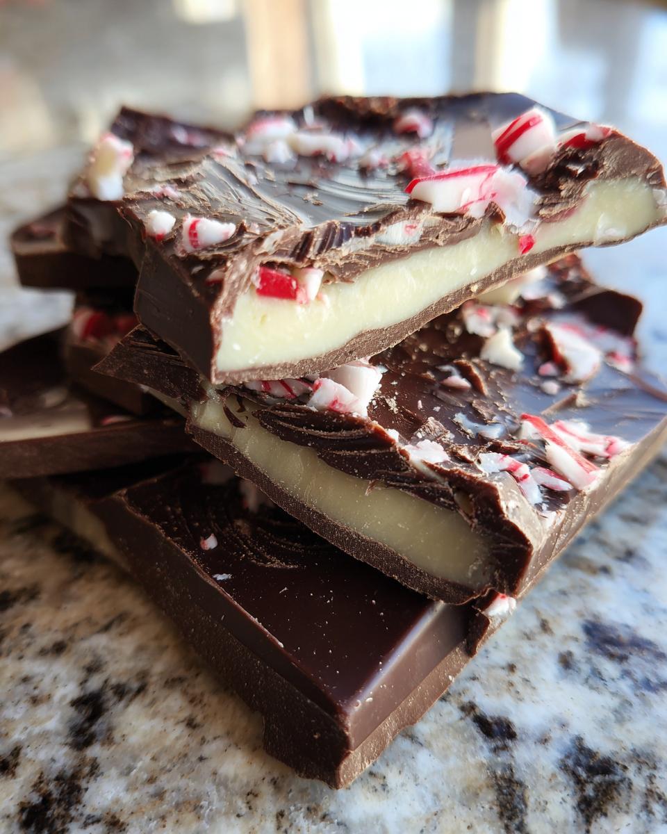 A close-up stack of rich Chocolate Peppermint Bark, showing layers of dark chocolate and creamy white filling, topped with crushed candy cane pieces.