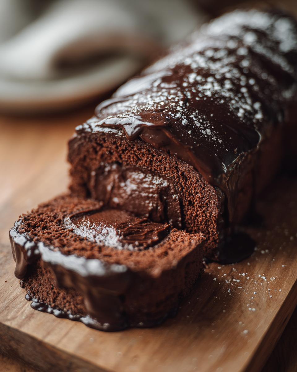 A slice of rich chocolate Yule Log (Bûche de Noël) covered in glossy chocolate ganache and dusted with powdered sugar.