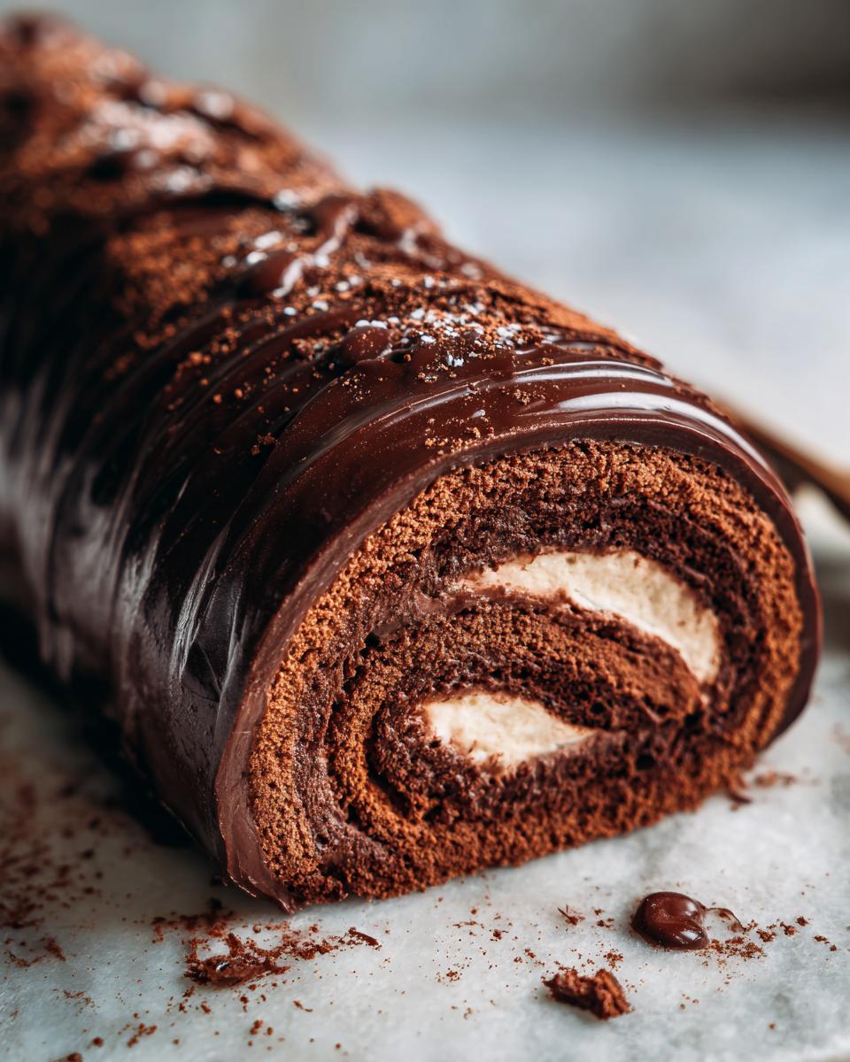 Close-up of a delicious Yule Log (Bûche de Noël) with chocolate cake, cream filling, and chocolate glaze.