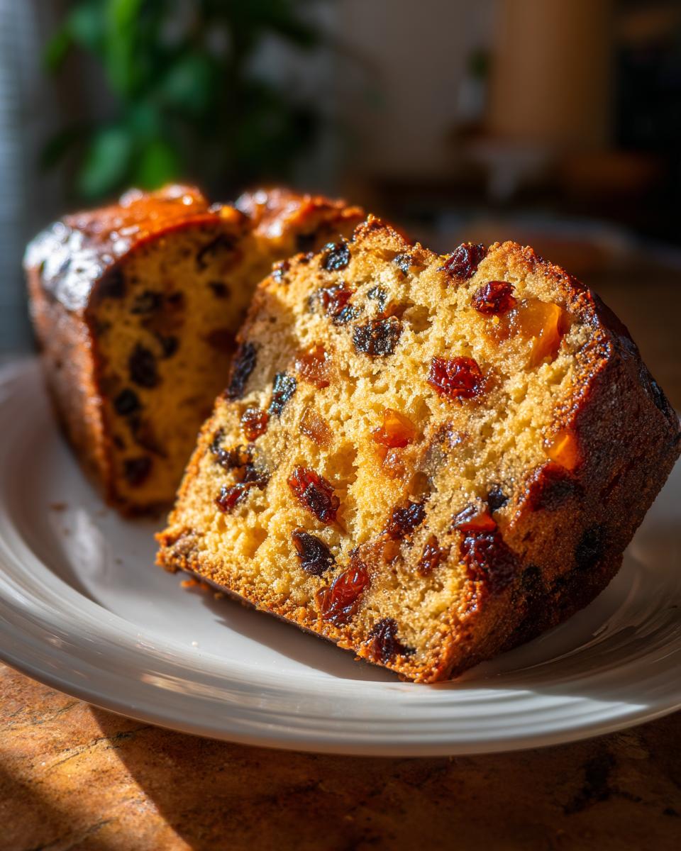 A close-up of a slice of Christmas Fruitcake with Brandy Soak, showing abundant dried fruits and a golden crumb.