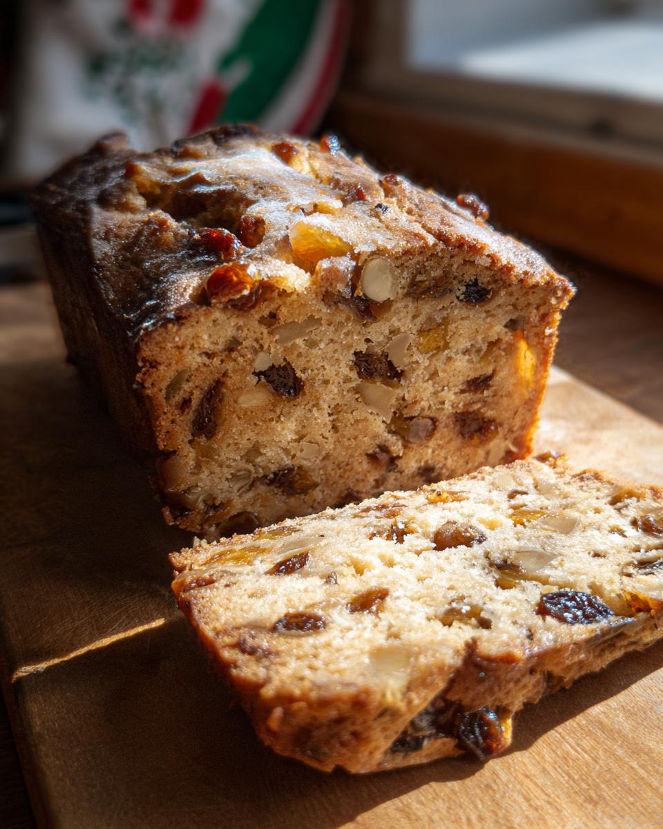 A slice of Christmas fruitcake with brandy soak, packed with dried fruits and nuts, on a wooden board.