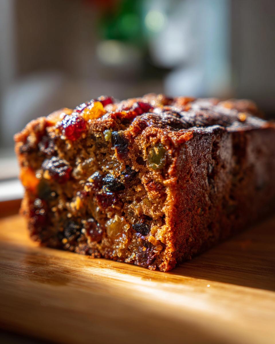 A close-up of a slice of Christmas Fruitcake with Brandy Soak, showcasing the rich texture and dried fruits.