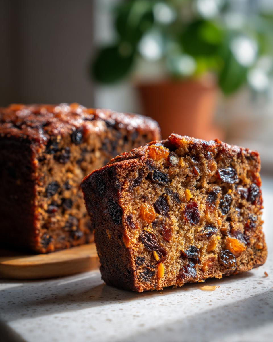 A close-up of a slice of Christmas Fruitcake with Brandy Soak, showcasing dried fruits and a rich crumb.
