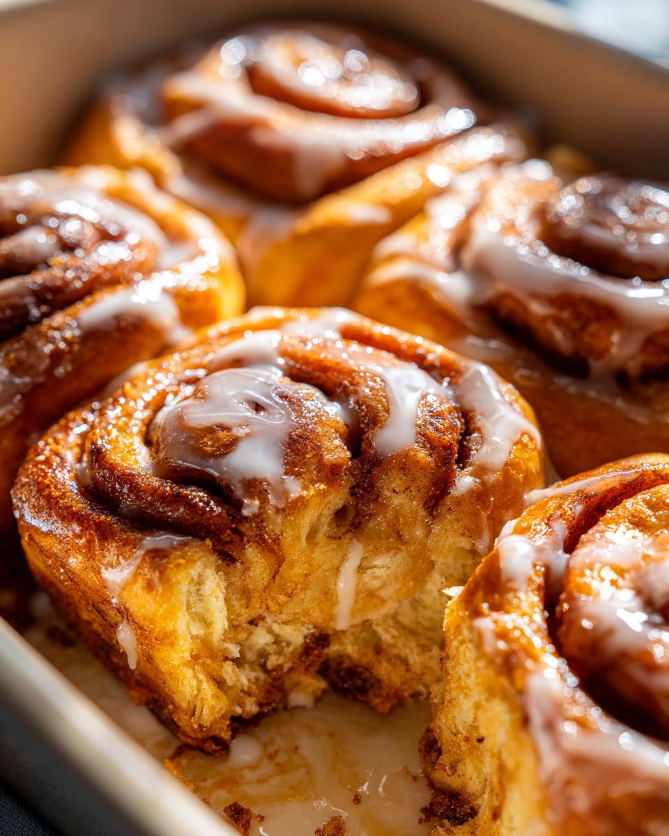 Close-up of a delicious Christmas Morning Cinnamon Roll Bake, with one roll partially eaten showing soft, fluffy interior.