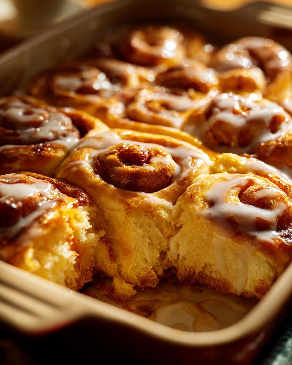 Close-up of a pan filled with fluffy, golden Christmas Morning Cinnamon Roll Bake, drizzled with white icing.