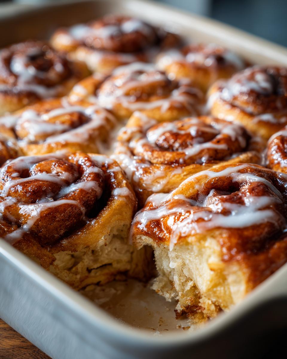 Close-up of a pan filled with The Ultimate Christmas Morning Cinnamon Roll Bake, drizzled with white icing.