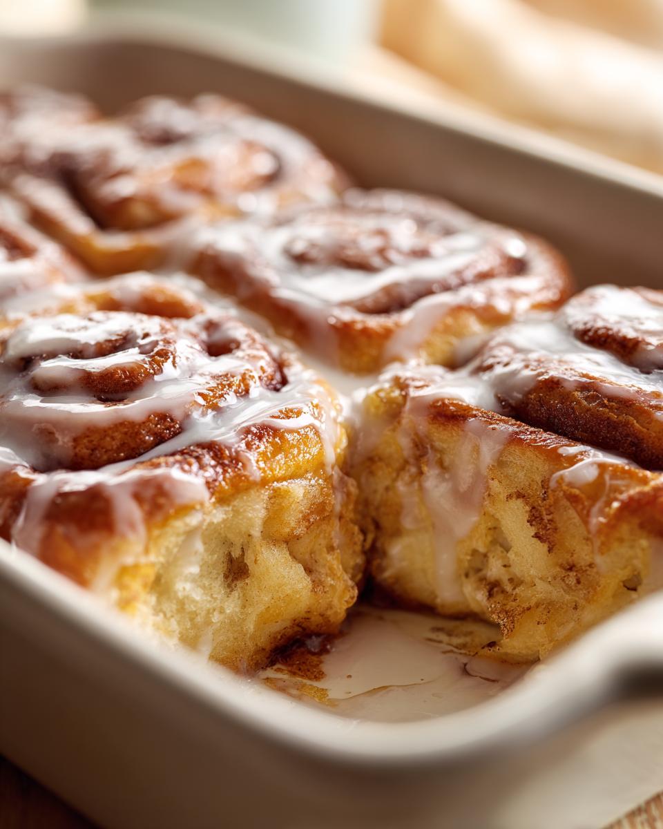 Close-up of a freshly baked Christmas Morning Cinnamon Roll Bake, drizzled with white icing.