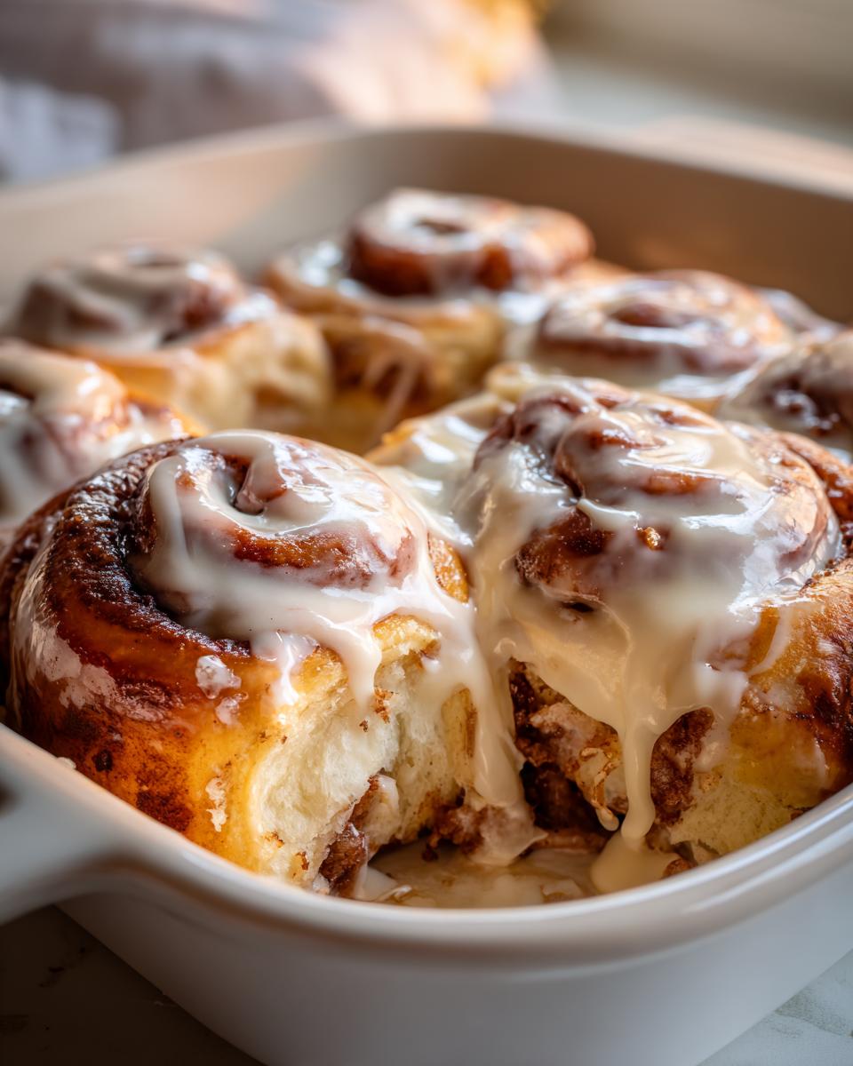 Close-up of warm Christmas Morning Cinnamon Rolls with Cream Cheese Glaze in a baking dish, one is partially eaten.