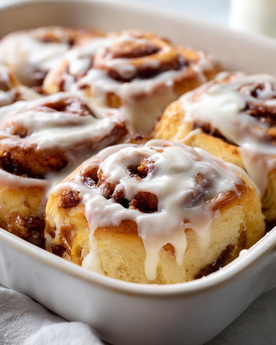 Close-up of warm Christmas Morning Cinnamon Rolls with Cream Cheese Glaze dripping down the sides in a white baking dish.