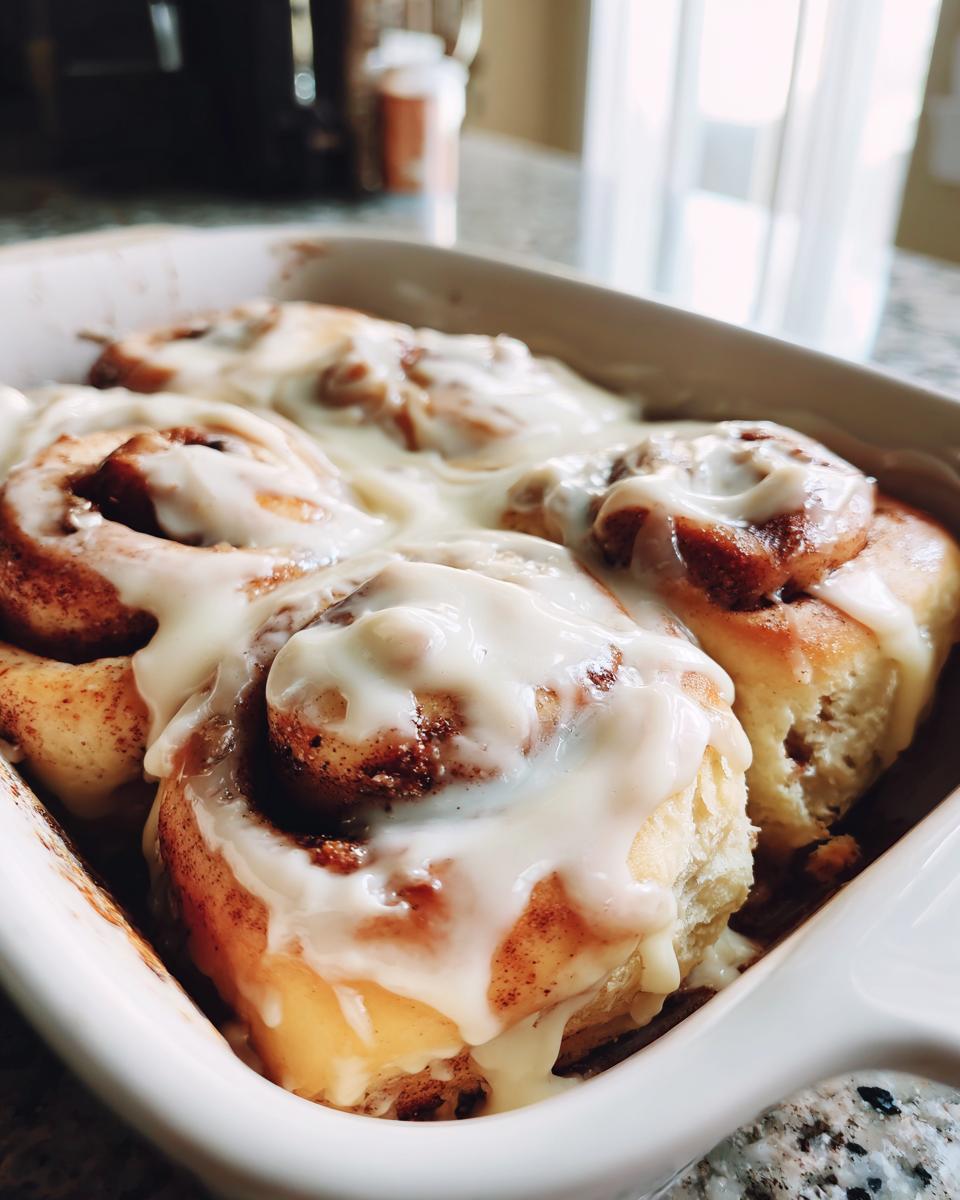 Close-up of warm Christmas Morning Cinnamon Rolls generously topped with cream cheese glaze in a white baking dish.