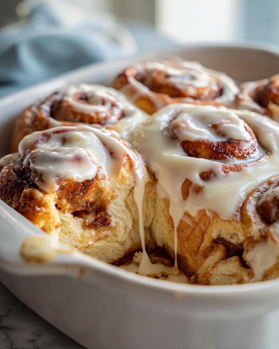 Close-up of fluffy Christmas Morning Cinnamon Rolls with a generous drizzle of cream cheese glaze.