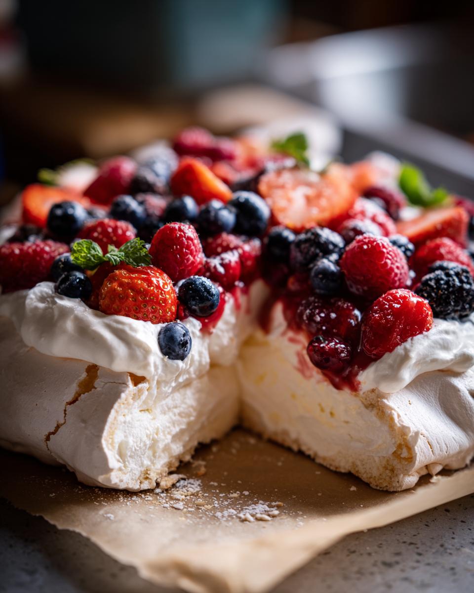 A slice of Christmas Pavlova topped with whipped cream and a generous mix of fresh strawberries, blueberries, raspberries, and blackberries.