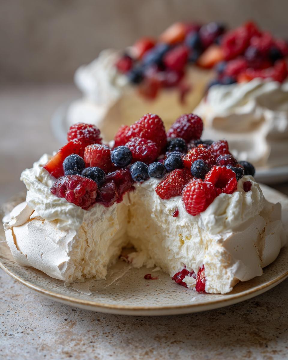 A slice of Christmas Pavlova topped with whipped cream and a generous amount of fresh raspberries and blueberries.