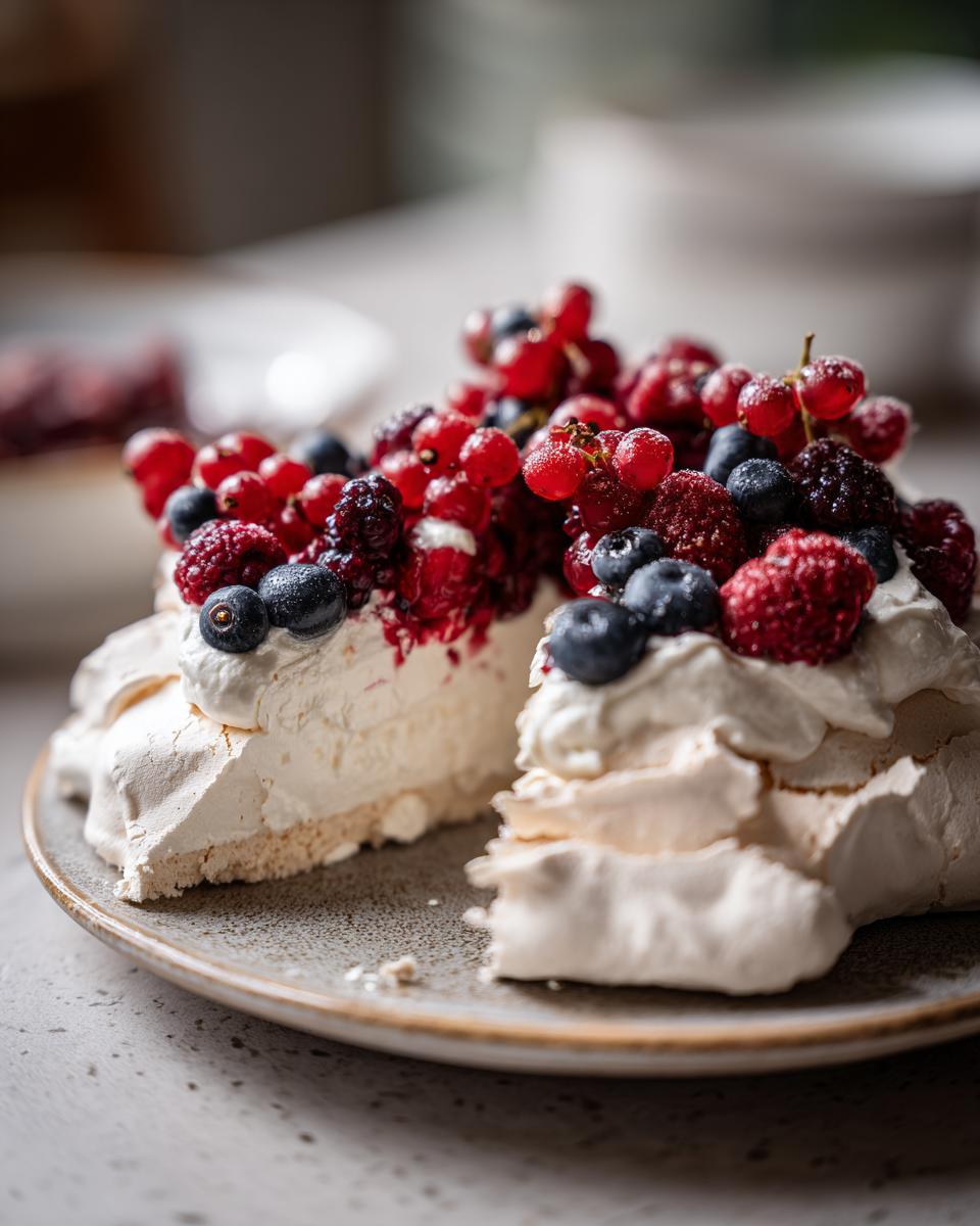 A slice of Christmas Pavlova topped with whipped cream and a generous amount of fresh red and blue berries.