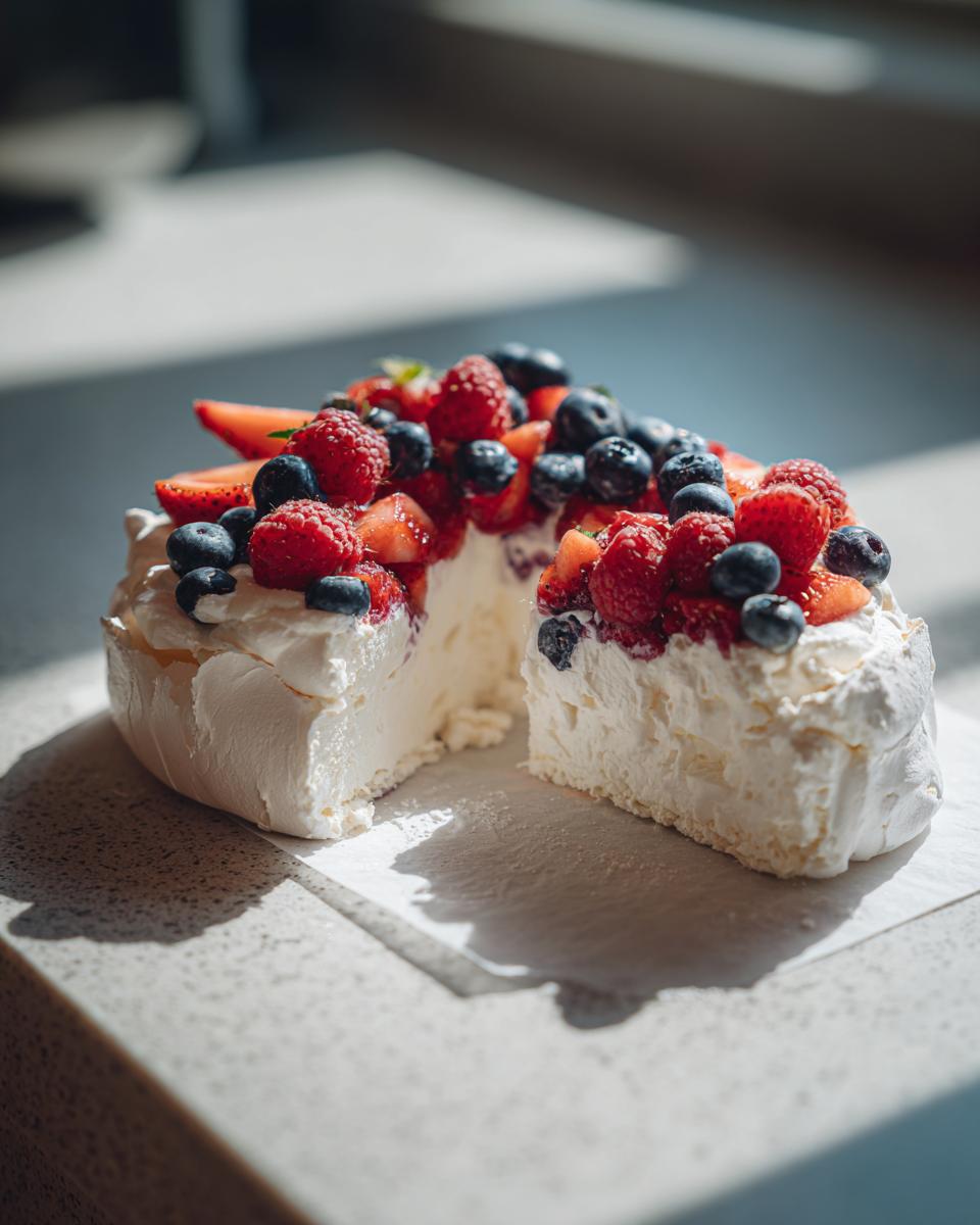 A slice of Christmas Pavlova topped with whipped cream and an abundance of fresh strawberries and blueberries.