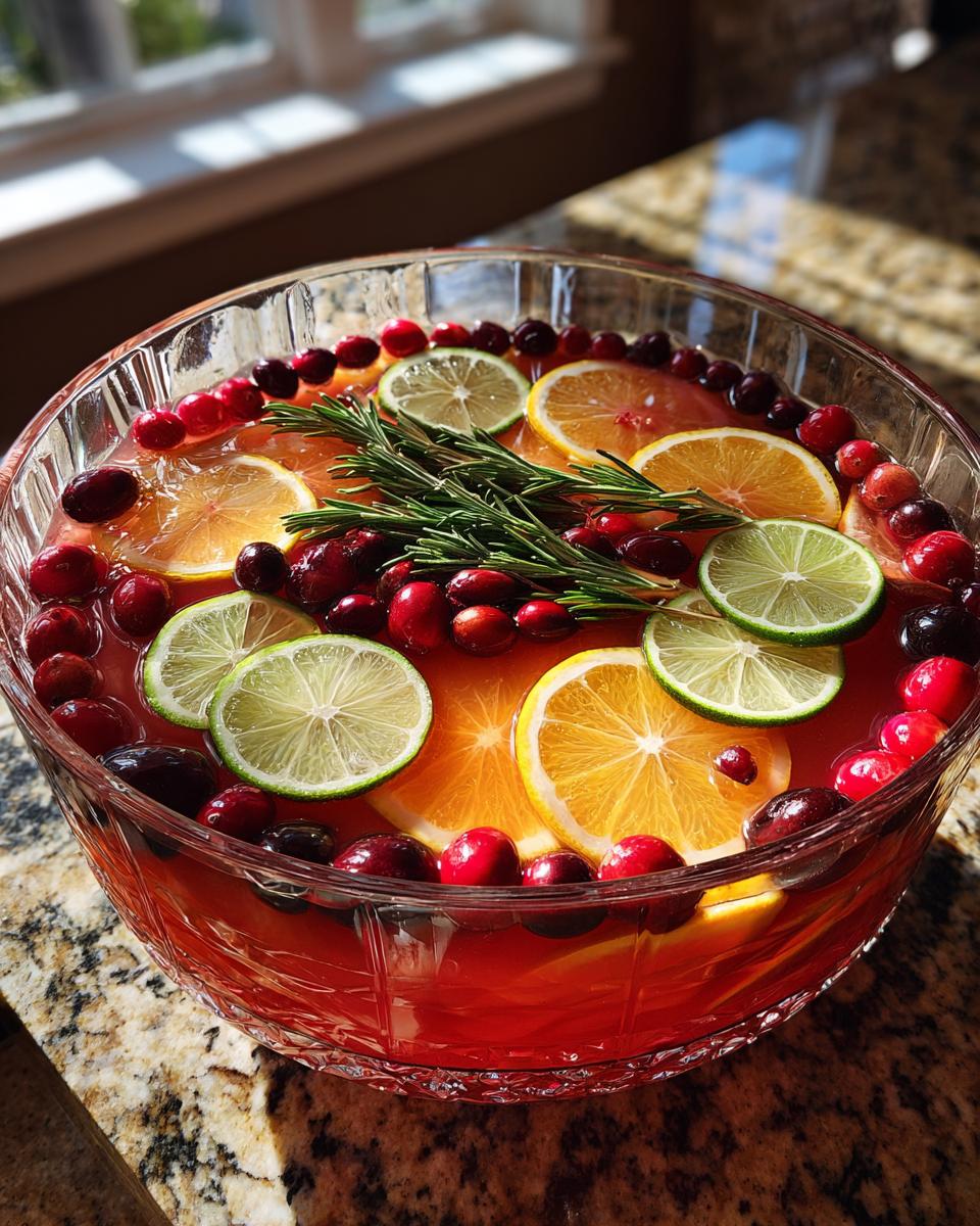 A crystal punch bowl filled with vibrant red Christmas Punch, garnished with orange slices, lime slices, cranberries, and rosemary.