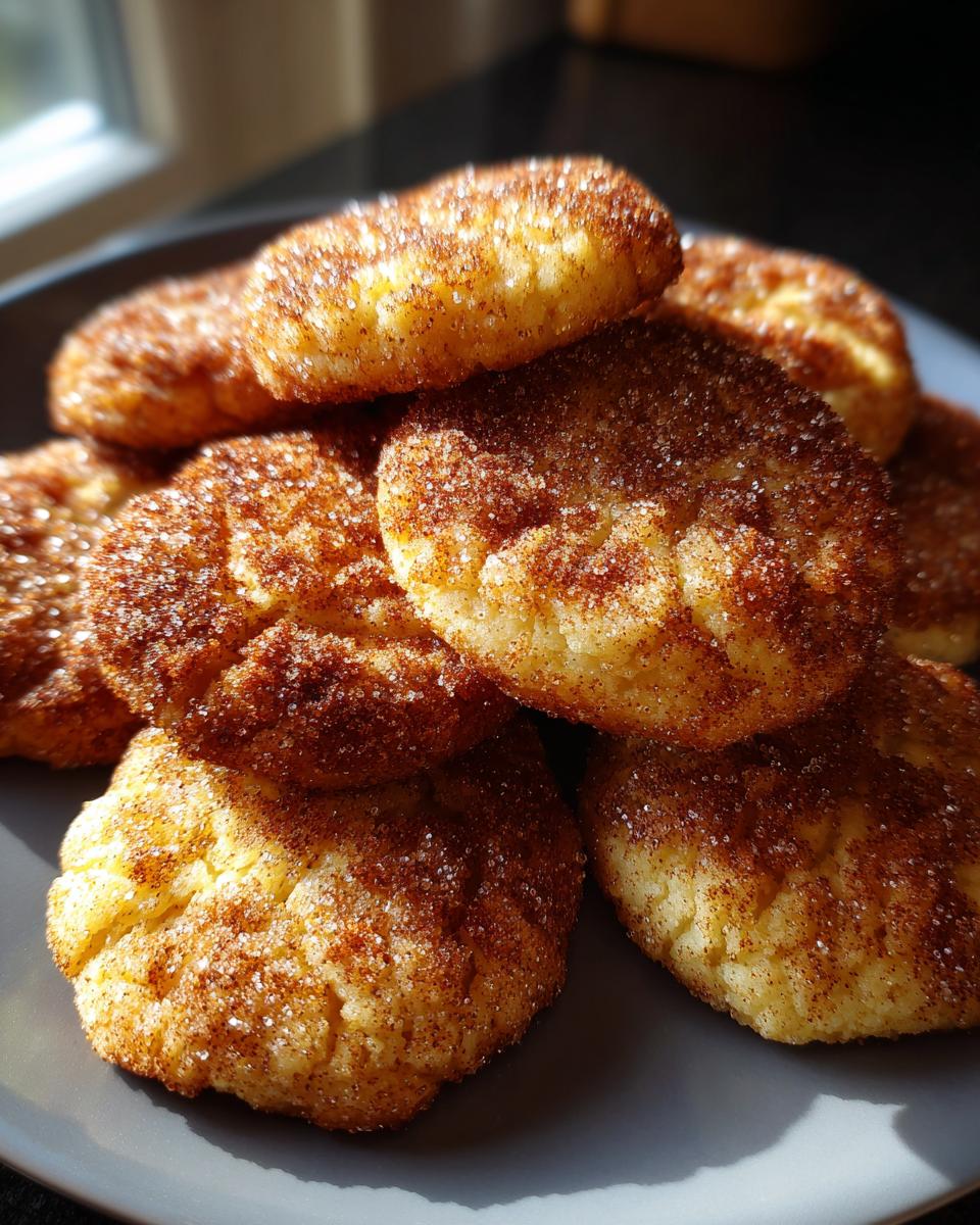 A close-up, overhead view of a stack of freshly baked Cinnamon Sugar Christmas Cookies on a gray plate.