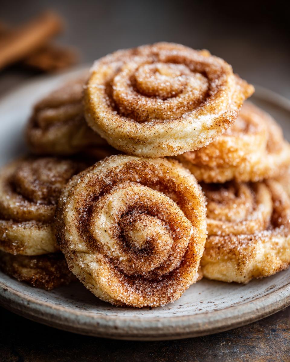 A close-up of a stack of delicious Cinnamon Sugar Christmas Cookies, dusted with sugar and cinnamon.