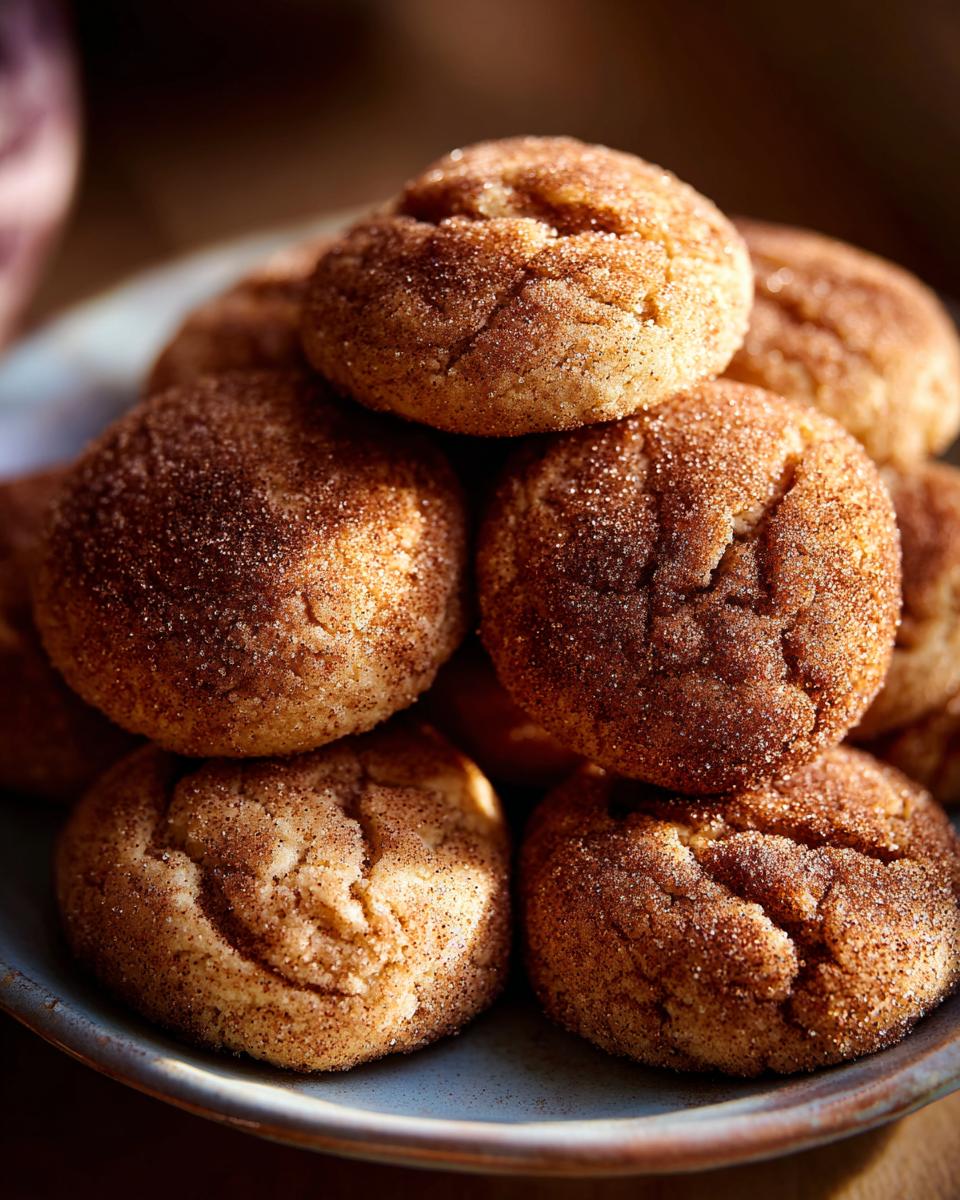 A close-up stack of freshly baked Cinnamon Sugar Christmas Cookies, dusted with a generous coating of cinnamon and sugar.