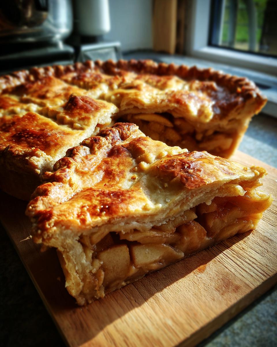 A close-up of a slice of Classic Apple Pie with Flaky Butter Crust, showing the golden-brown crust and apple filling.