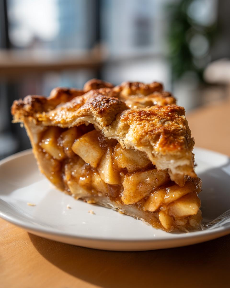 A close-up of a slice of Classic Apple Pie, showcasing its flaky butter crust and generous apple filling.