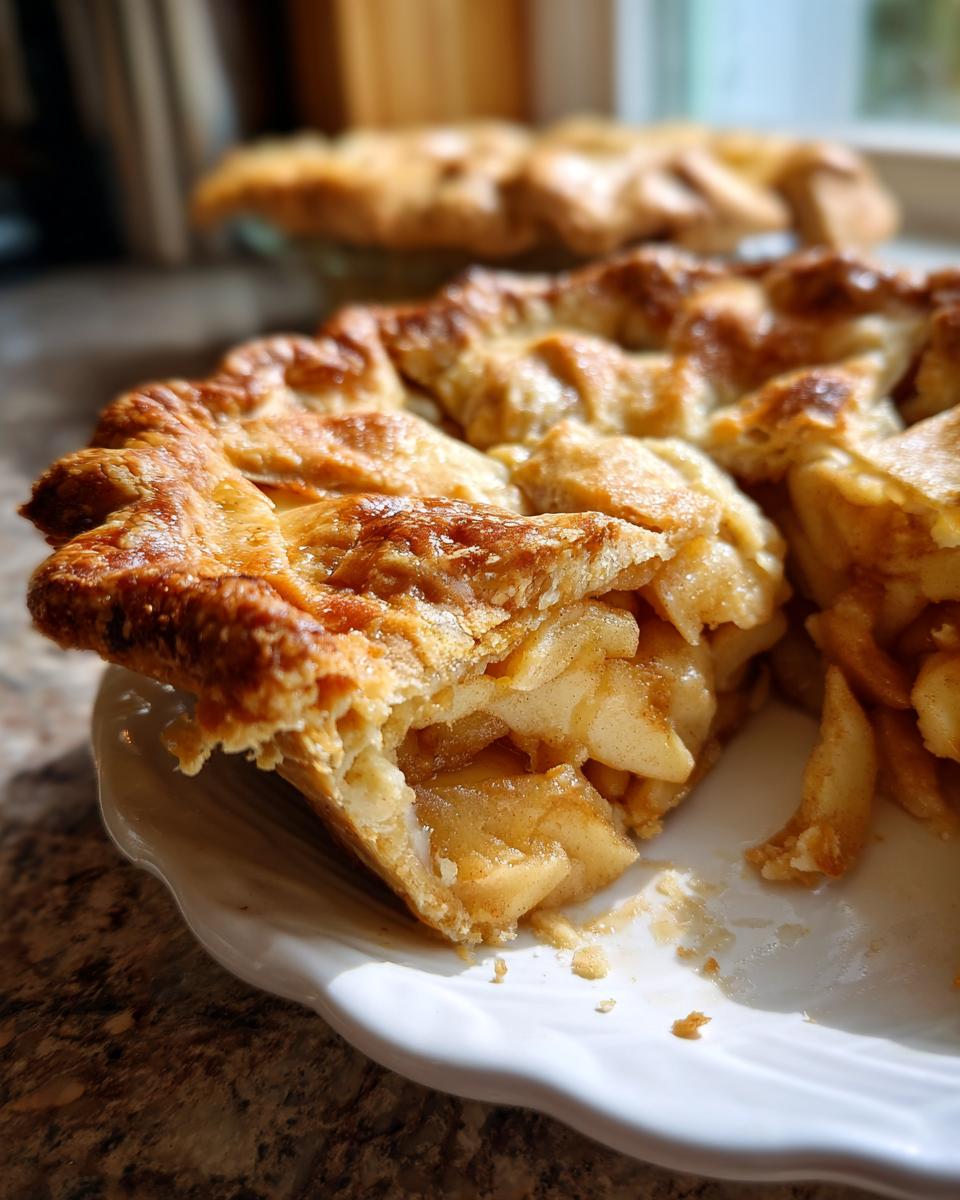 A close-up of a slice of Classic Apple Pie with Flaky Butter Crust, showing the golden-brown crust and apple filling.