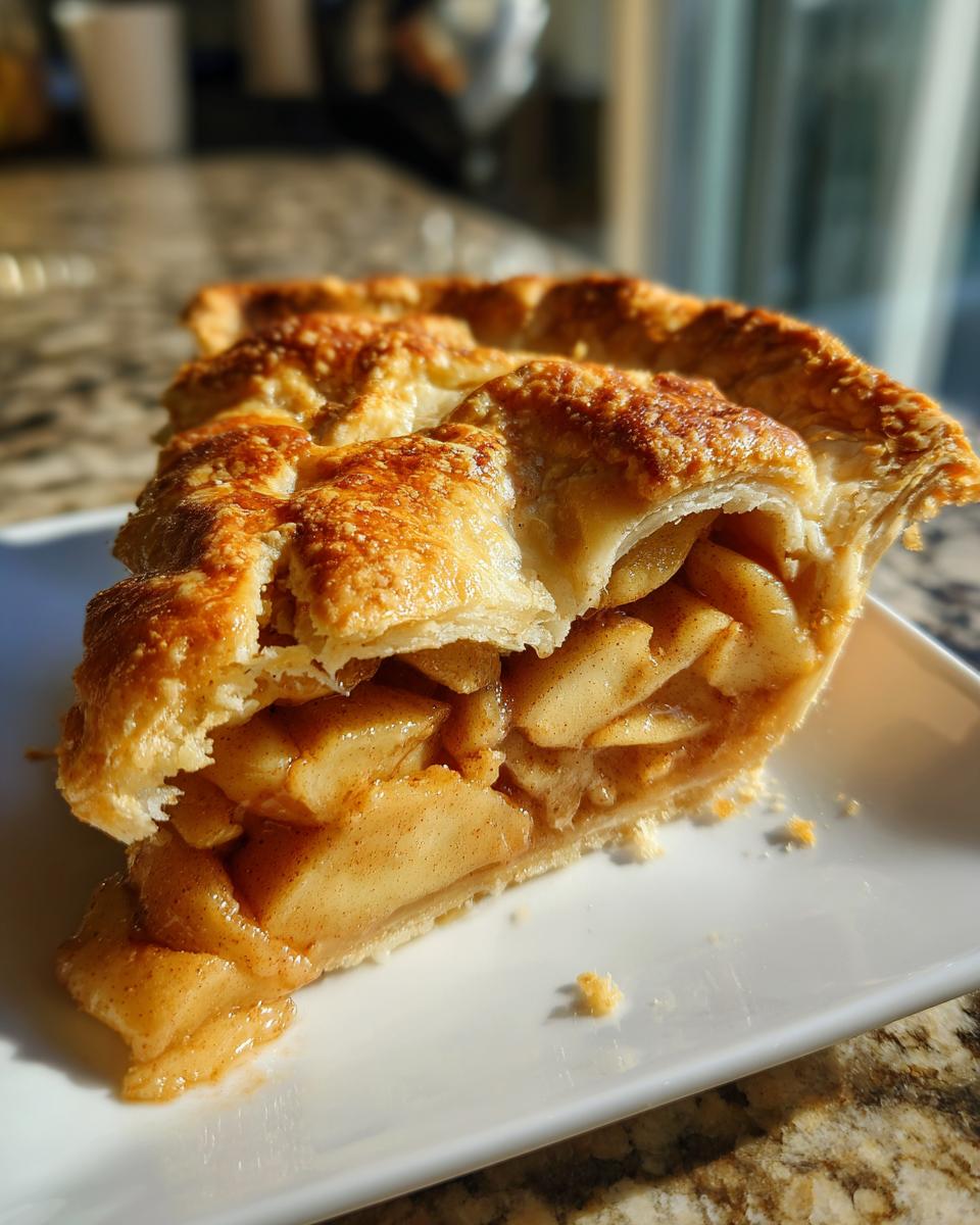 A close-up of a slice of Classic Apple Pie, showcasing its flaky butter crust and generous apple filling.