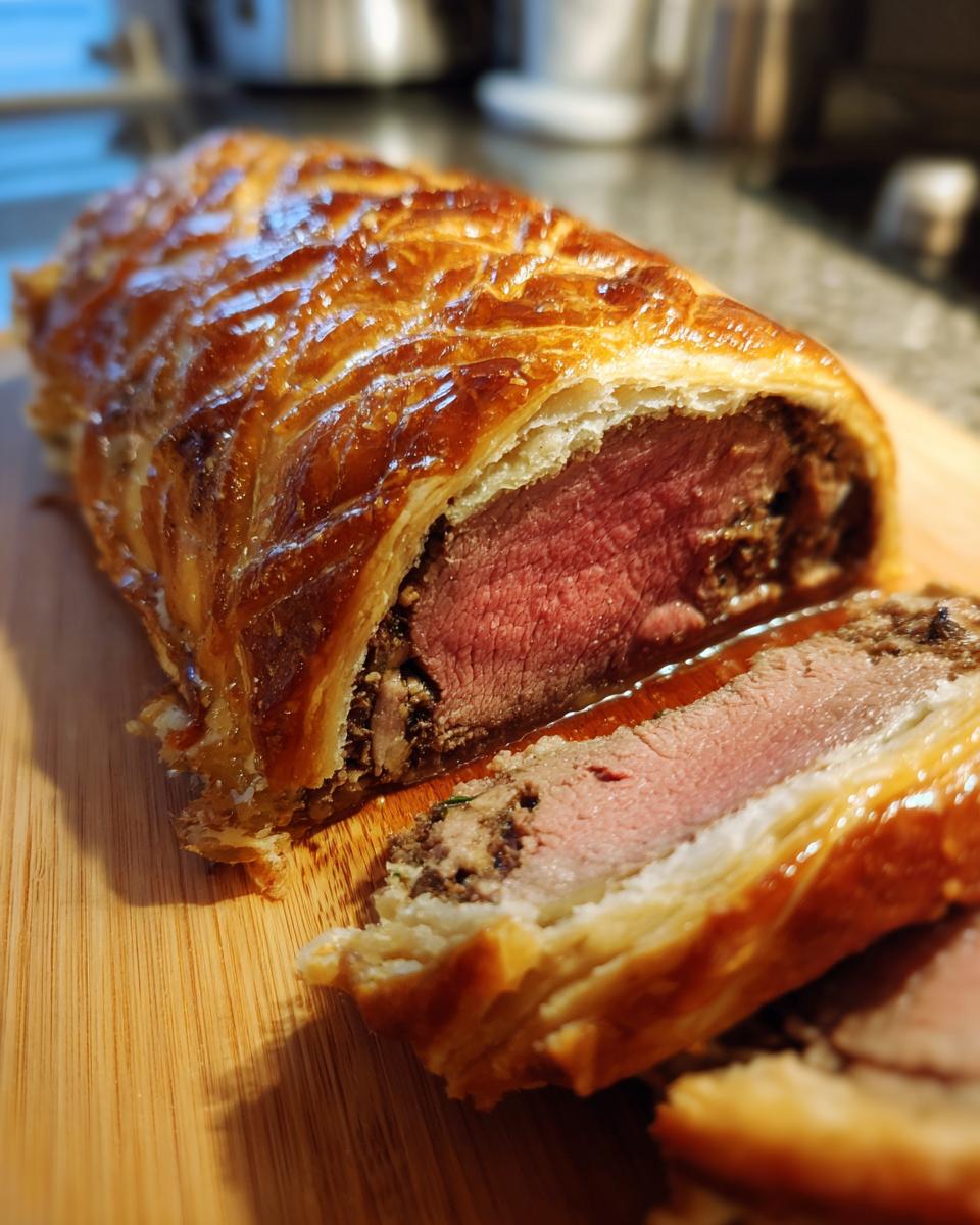 A perfectly cooked Classic Beef Wellington for Christmas Dinner, sliced to reveal tender beef and flaky pastry.