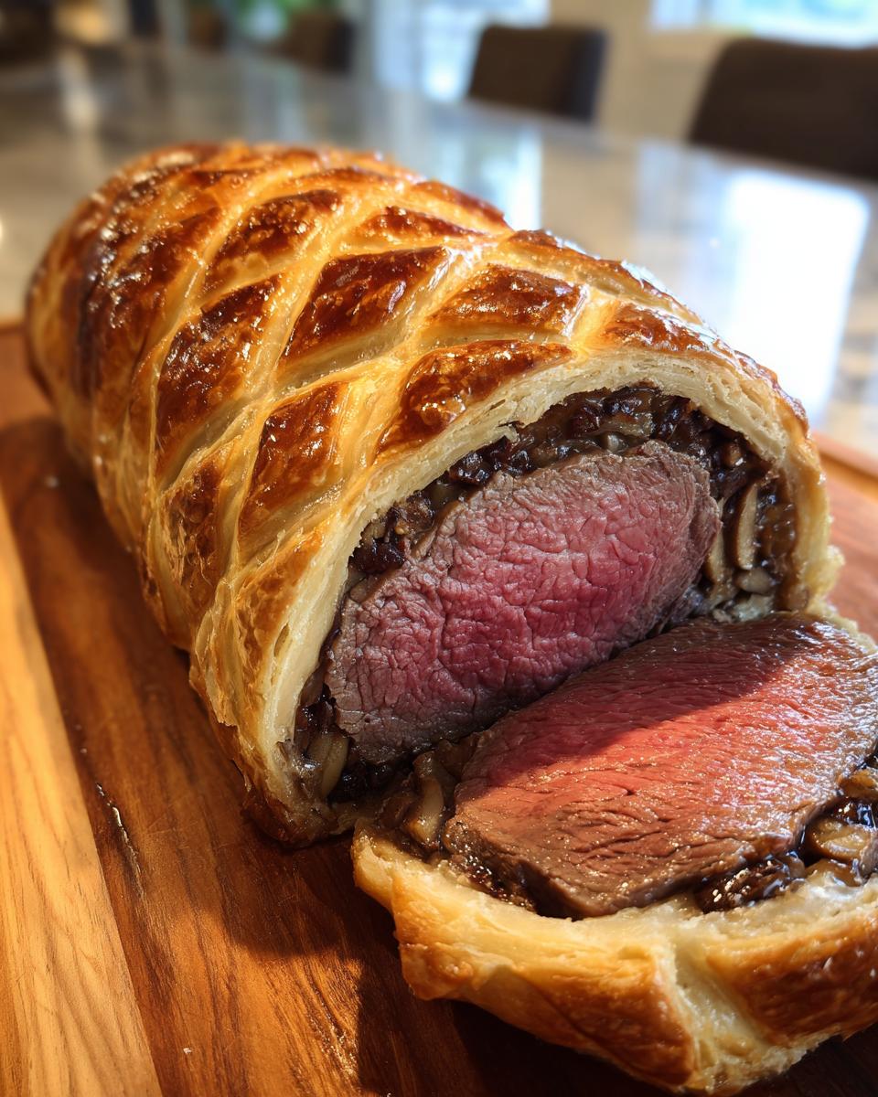 A perfectly cooked Classic Beef Wellington, sliced to reveal tender beef and mushroom duxelles, encased in golden puff pastry.