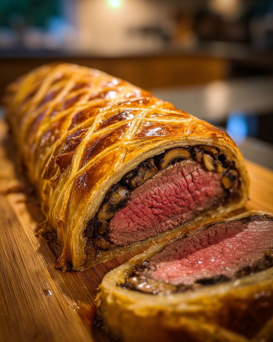 A perfectly cooked Classic Beef Wellington, sliced to reveal a tender, pink beef fillet and mushroom duxelles wrapped in golden puff pastry.