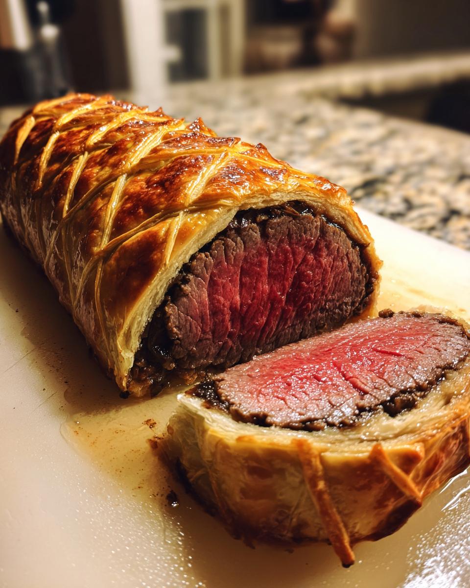A perfectly cooked Classic Beef Wellington for Christmas Dinner, with a golden puff pastry crust and juicy medium-rare beef inside.