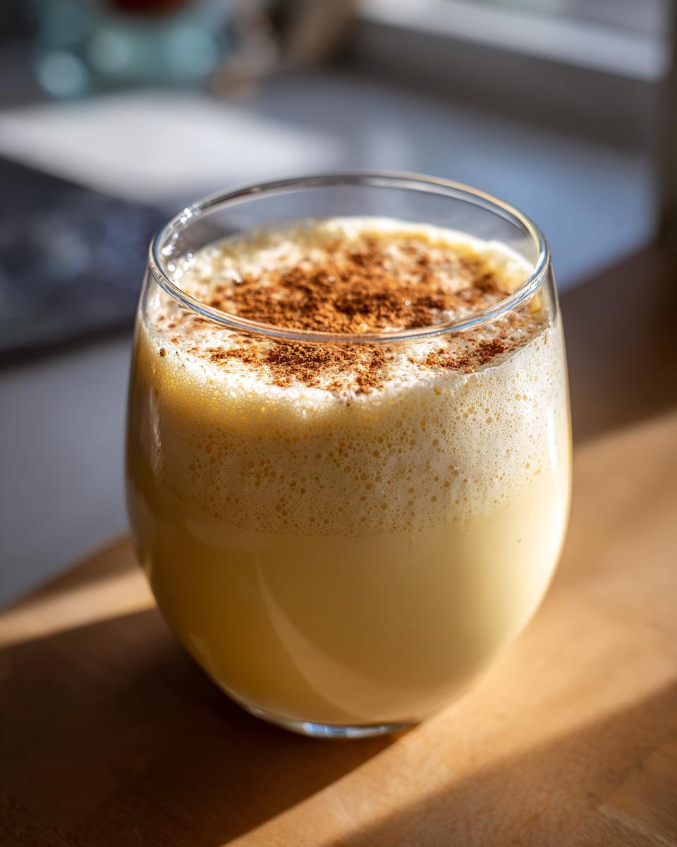 A glass of creamy Classic Eggnog topped with a sprinkle of cinnamon.
