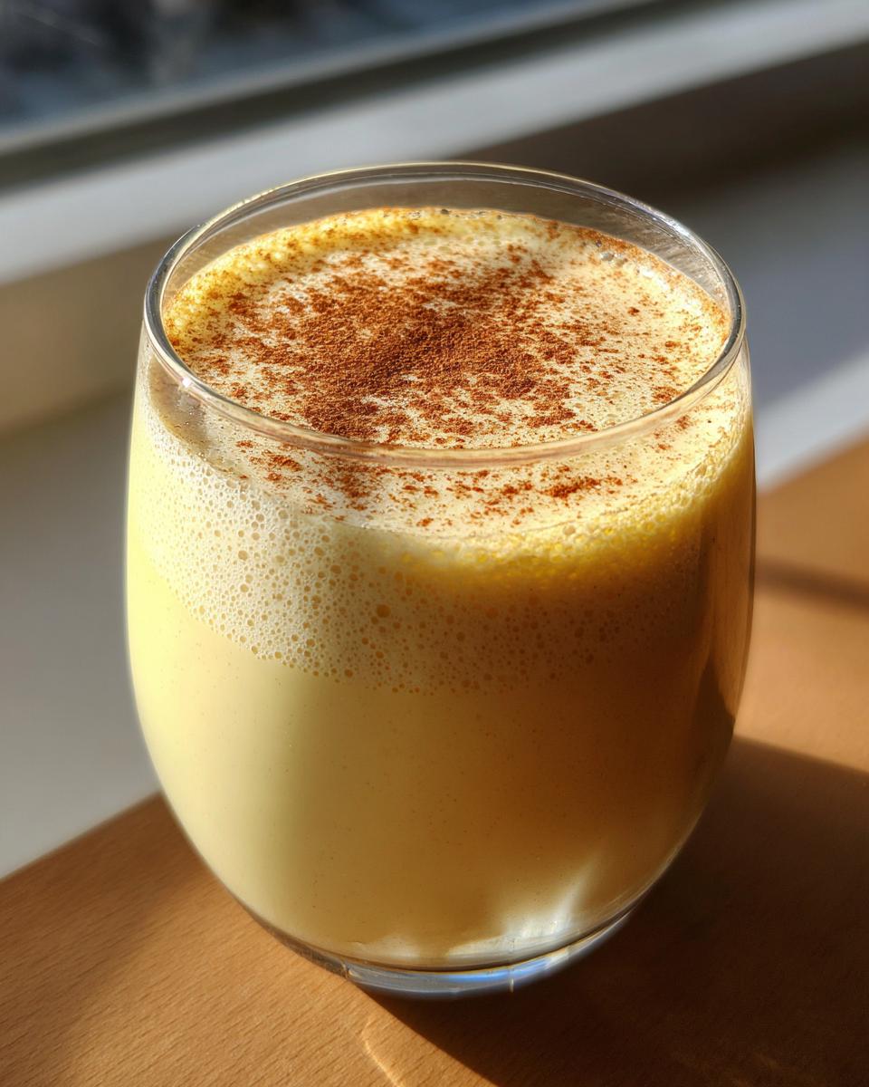 A glass of creamy Classic Eggnog topped with foam and a dusting of cinnamon.
