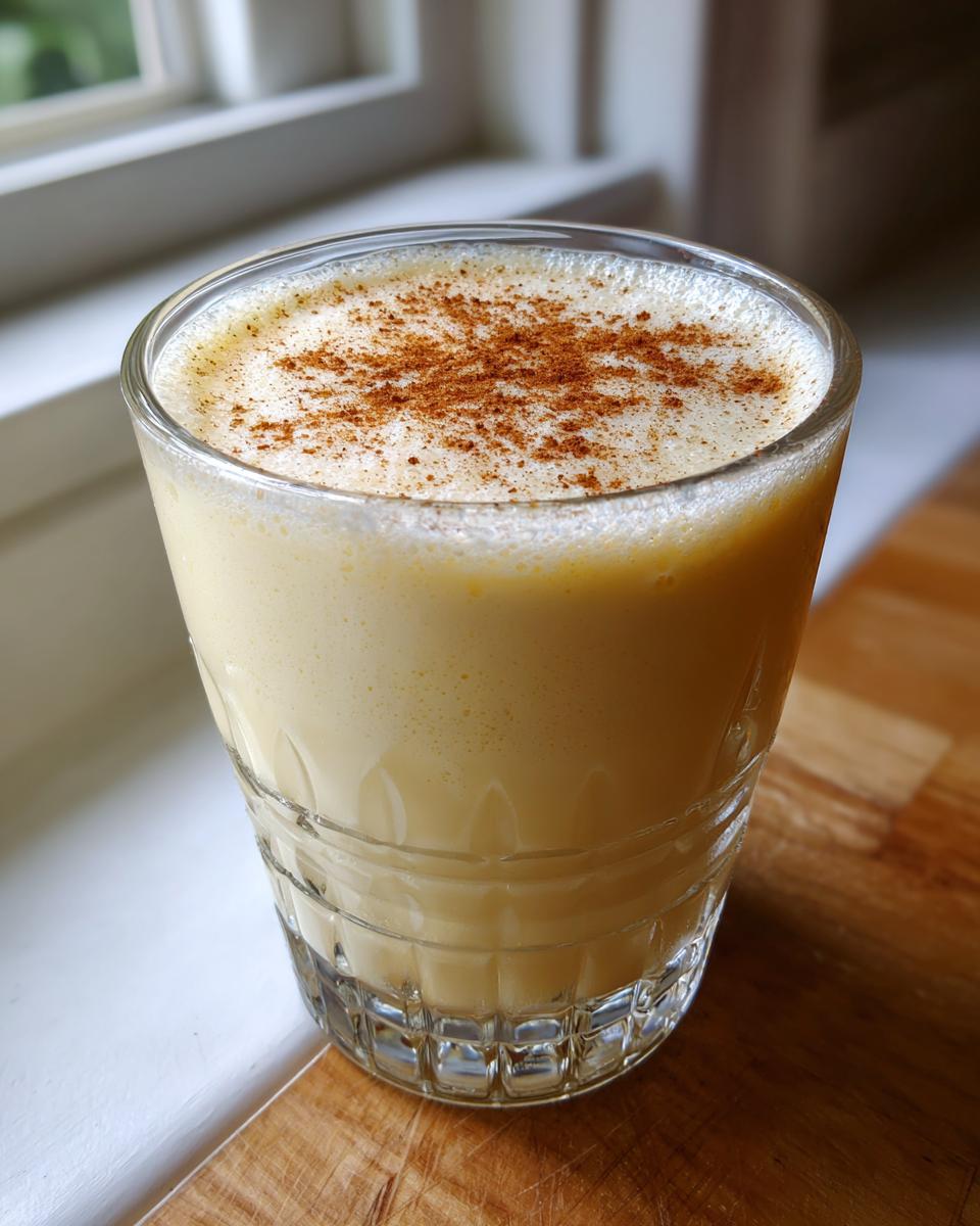 A tall glass of creamy Classic Eggnog, topped with a dusting of cinnamon.