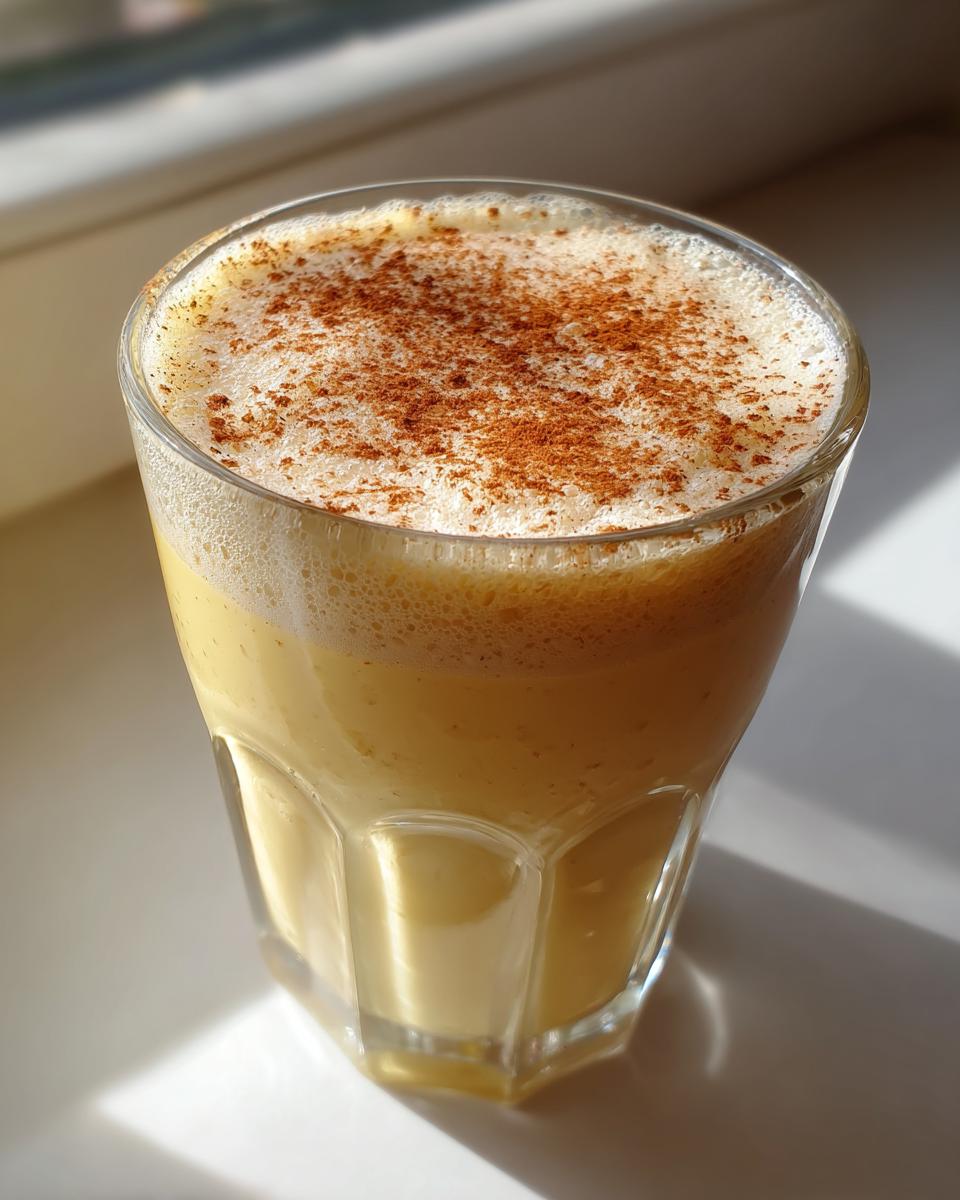 A tall glass filled with creamy Classic Eggnog, topped with foam and a sprinkle of cinnamon.