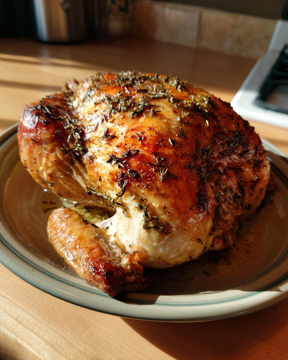 A golden-brown Classic Herb-Butter Roast Turkey seasoned with herbs, resting on a plate.