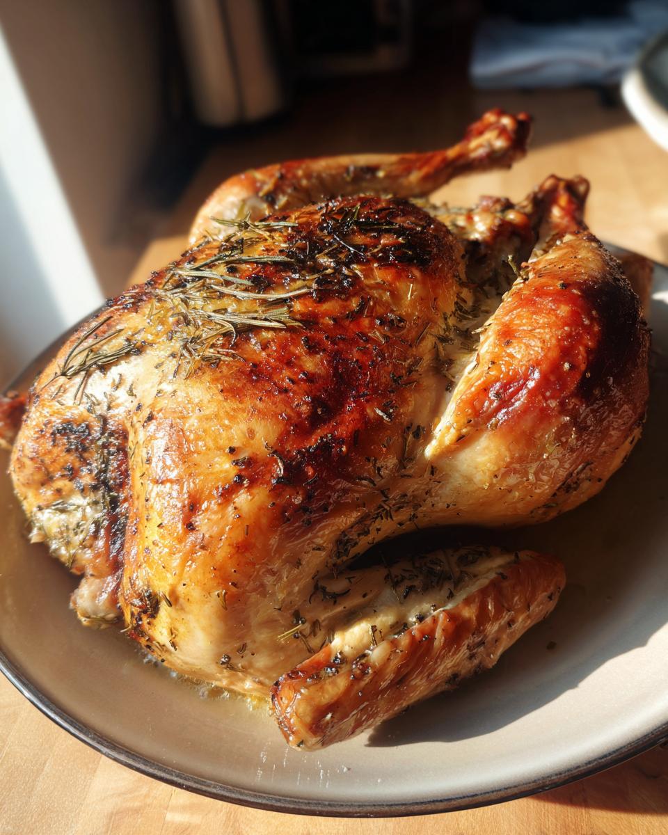 A golden-brown Classic Herb-Butter Roast Turkey, glistening with juices and herbs, served on a platter.
