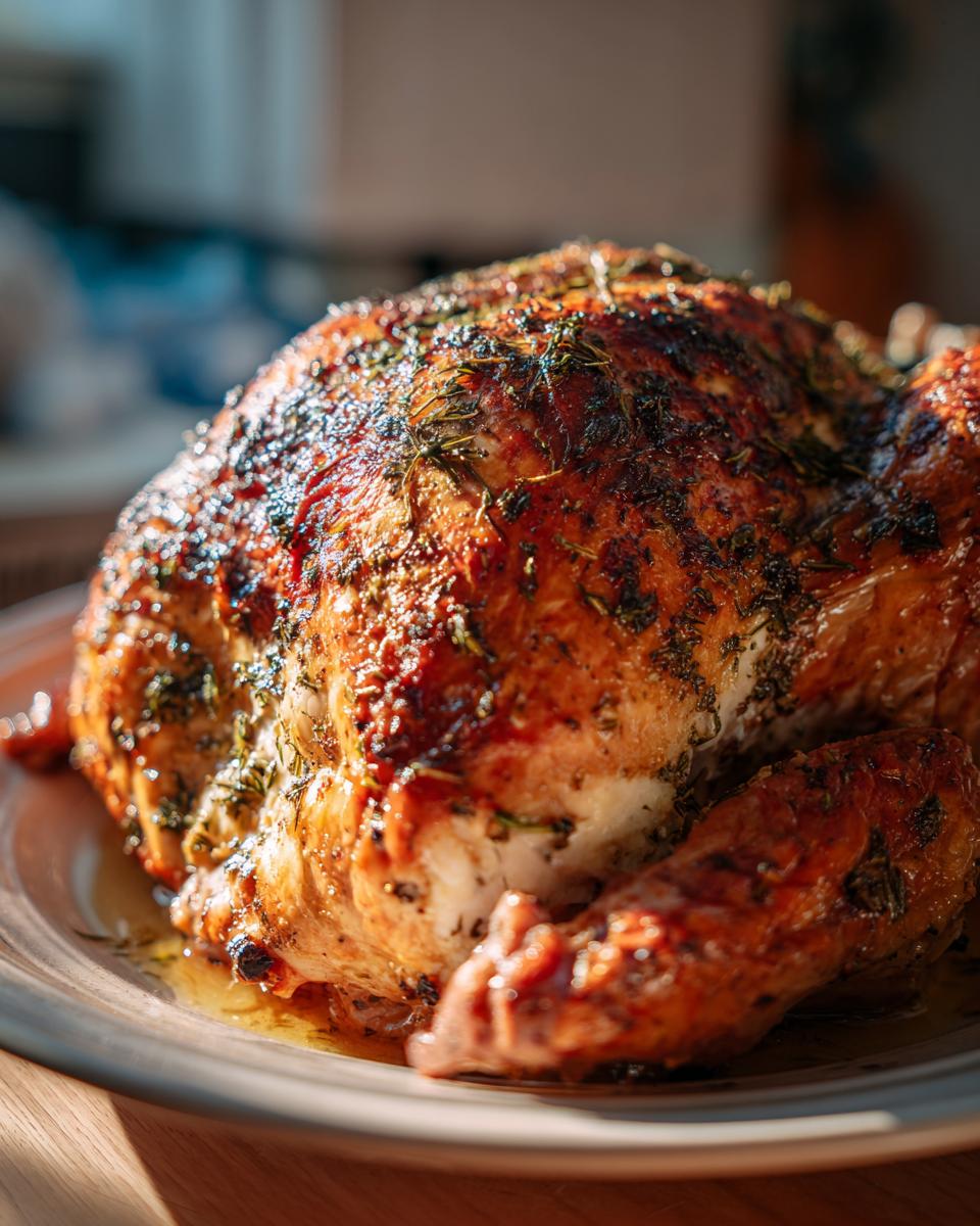 A golden-brown Classic Herb-Butter Roast Turkey, glistening with juices and herbs, served on a plate.
